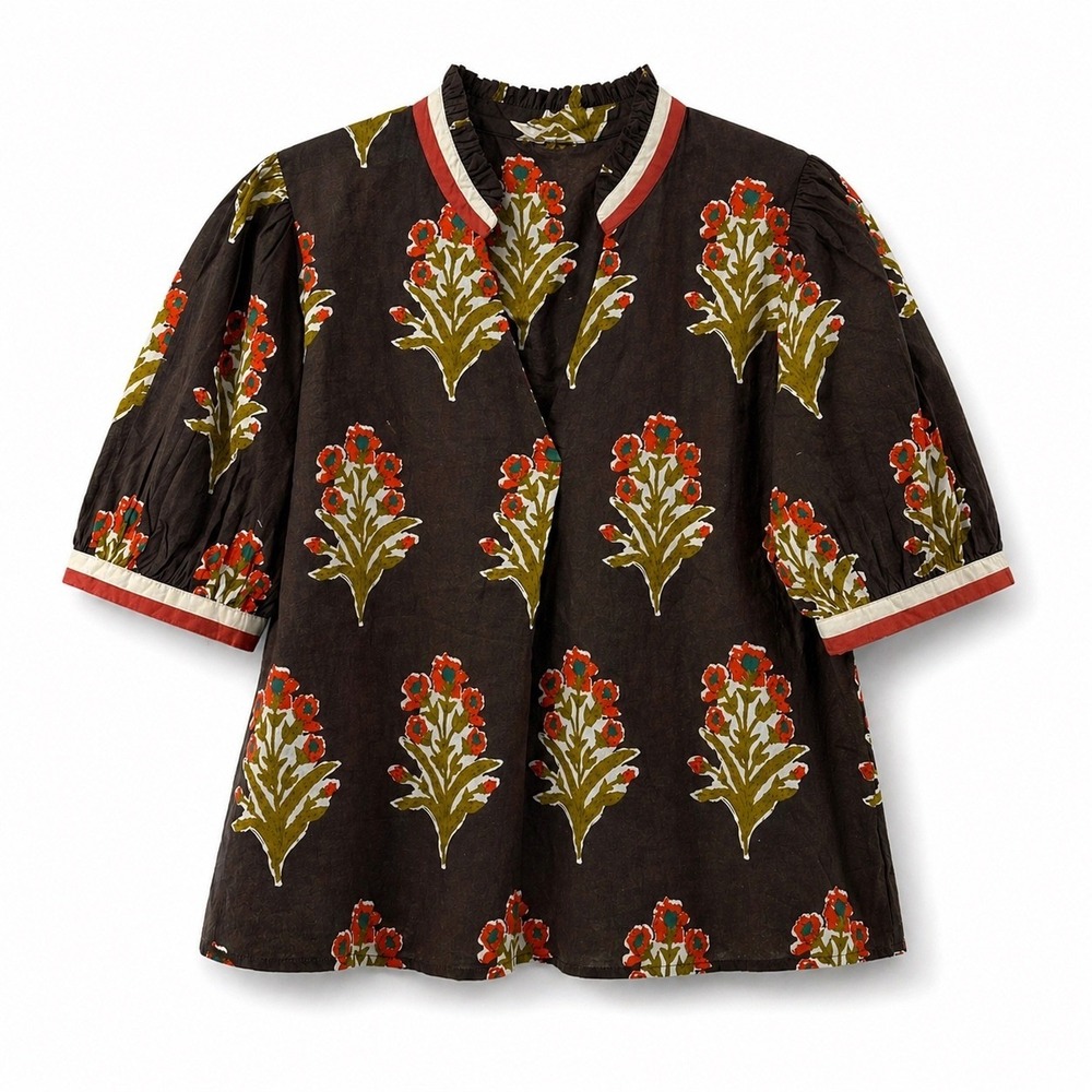 THML Block Print Floral Ruffle Neck Puff Sleeve Top Women's Small Boho NWT